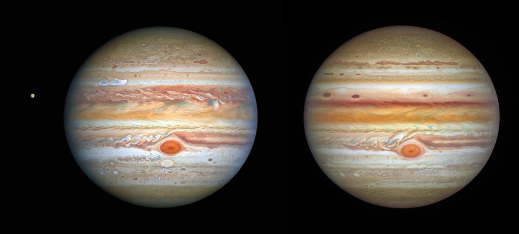 Two Hubble OPAL images of Jupiter. On the left is the image from 2020, and on the right is the image from 2021. Note the small white spot below the GRS in 2020 which is gone in 2021. Also note the deepening orange hue of the equatorial zone, something that surprised scientists. The moon in the 2020 image is Europa. Image Credit: NASA, ESA, A. Simon (Goddard Space Flight Center), and M. H. Wong (University of California, Berkeley) and the OPAL team.