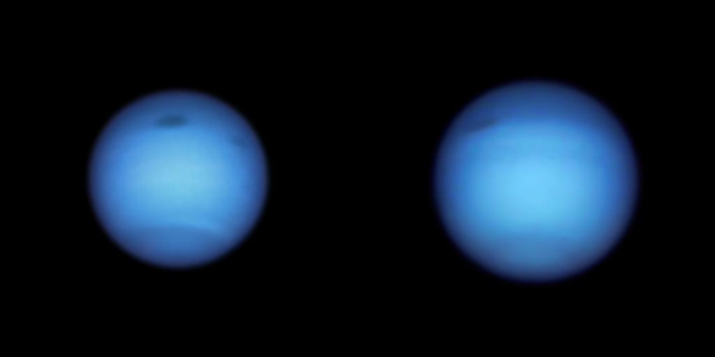 The 2020 OPAL image of Neptune is on the left, and the 2021 OPAL image is on the right. Note the small dark storm to the right of the Great Dark Spot in the 2020 image, which is completely absent in the 2021 image. Image Credit: NASA, ESA, A. Simon (Goddard Space Flight Center), and M.H. Wong (University of California, Berkeley) and the OPAL team.
