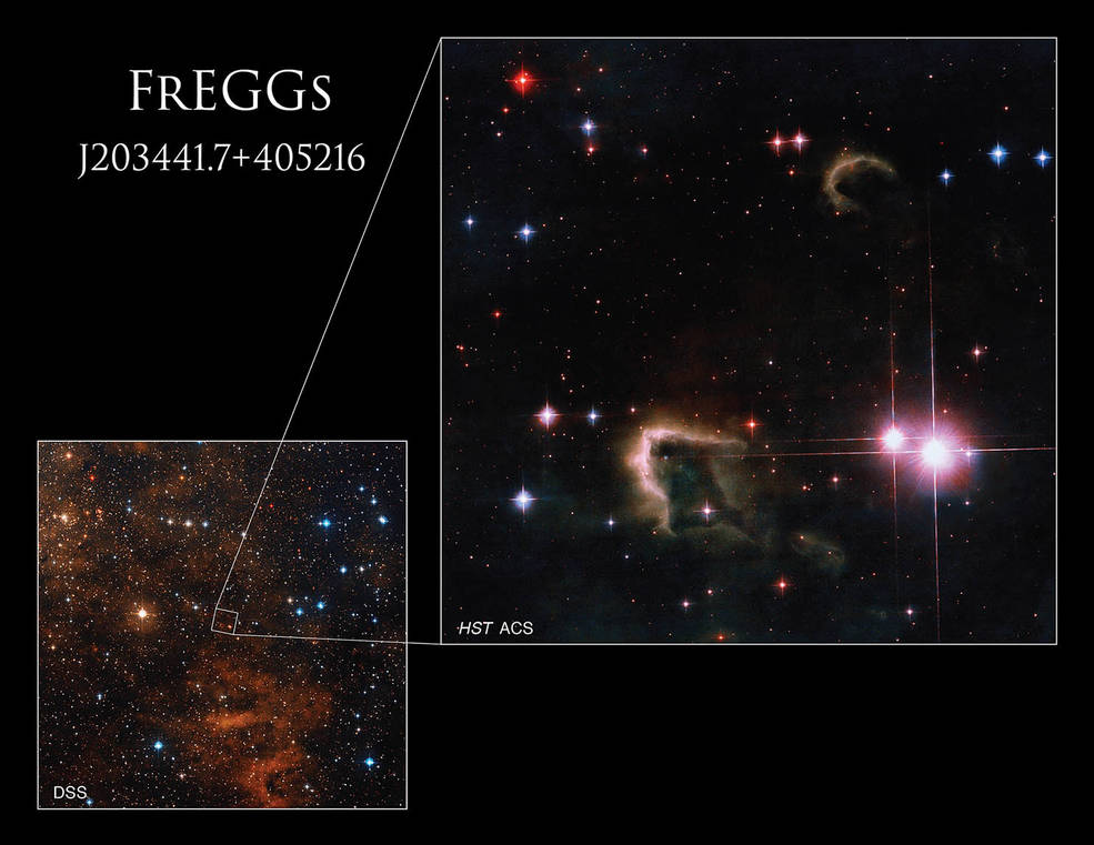 This Digitized Sky Survey image shows the location of the cold, dark frEGGs imaged by Hubble.
Credits: NASA, ESA, R. Sahai (Jet Propulsion Laboratory), and DSS; Processing: Gladys Kober (NASA/Catholic University of America)