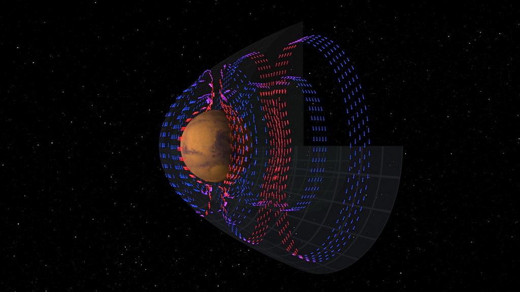 Esta imagen es una representación científica de las corrientes electromagnéticas alrededor de Marte.  Estas son las corrientes residuales de remanentes magnéticos en la corteza marciana.  Es demasiado débil para proteger a Marte del viento solar.  Crédito: NASA/Goddard/MAVEN/CU Boulder/SVS/Cindy Starr