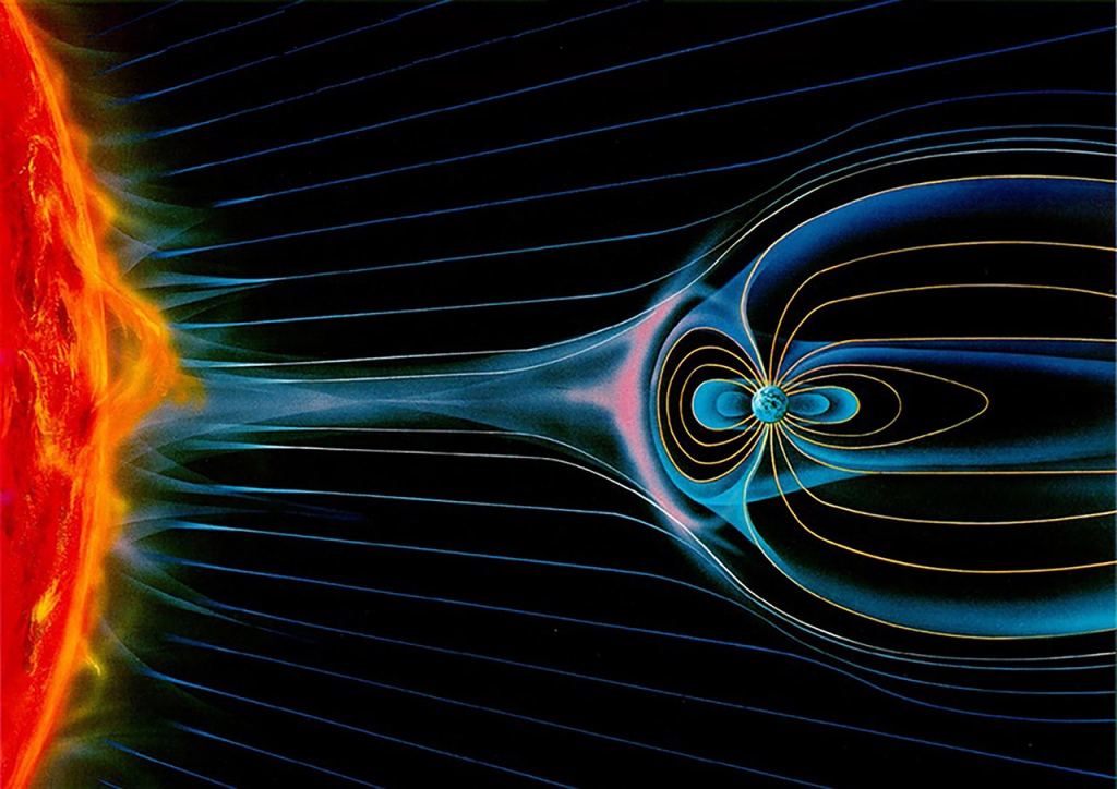 An artist's image of the solar wind. Though Earth is protected by its magnetosphere, asteroids have no protection. H+ can strike the surface of asteroids and produce water from silicate minerals. Image Credit: ESO/K. Endo.