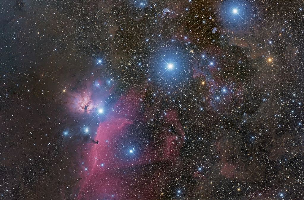 This image highlights the three stars in Orion's Belt, with Alnitak on the left. Also visible are the Flame Nebula and the Horsehead Nebula. Image Credit: By Mvln - Own work, CC BY-SA 4.0, https://commons.wikimedia.org/w/index.php?curid=103648580