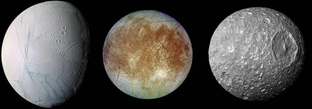 The moons Enceladus (L), Europa (M), and Mimas (R,) not to scale. While the surfaces of Enceladus and Europa show clear signs of geological activity like fractures and troughs, Mimas' surface is different. It's covered in craters and shows no signs of activity. Image Credits: Enceladus: By NASA/JPL/Space Science Institute. Europa: By NASA/JPL/DLR. Mimas: By NASA / JPL-Caltech / Space Science Institute.