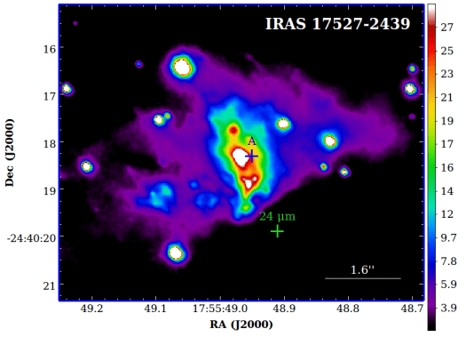 This image from the study is centred on the driving star that's the source of MHO 2147. The blue and green crosses mark the location of ‘source A’ and a bright source at 24 µm, respectively. There's a lot of uncertainty around MHO 2147's source, but it may be a triple-star system. Image Credit:  Ferrero et al. 2021 