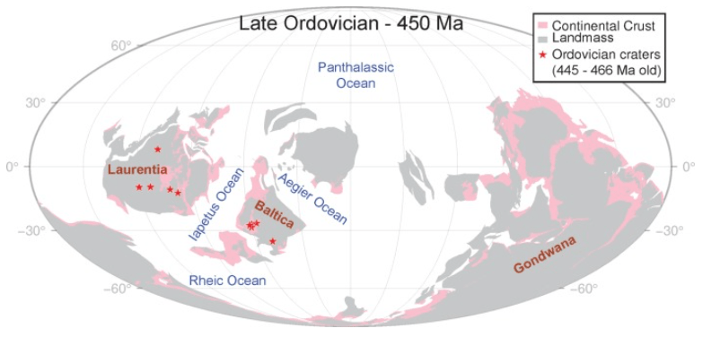 This image from the study shows the configuration of continental landmasses approximately 450 mya. Present-day coastlines are shown in grey. Image Credit: Lagain et al. 2022.