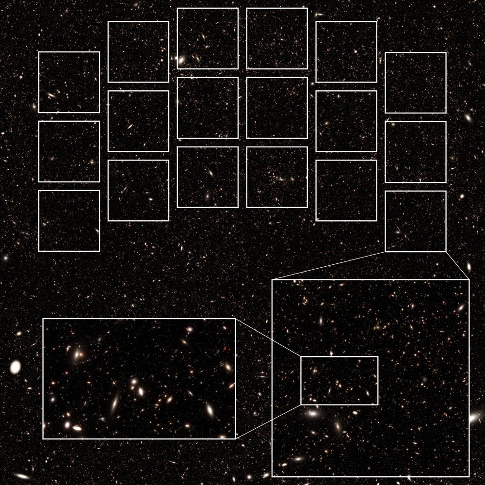 This synthetic image visualizes what a Roman ultra-deep field could look like. The 18 squares at the top of this image outline the area Roman can see in a single observation, known as its footprint. The inset at the lower-right zooms into one of the squares of Roman's footprint, and the inset at the lower-left zooms in even further. The image, which contains more than 10 million galaxies, was constructed from a simulation that produced a realistic distribution of the galaxies in the universe. Image Credit: Nicole Drakos, Bruno Villasenor, Brant Robertson, Ryan Hausen, Mark Dickinson, Henry Ferguson, Steven Furlanetto, Jenny Greene, Piero Madau, Alice Shapley, Daniel Stark, Risa Wechsler
