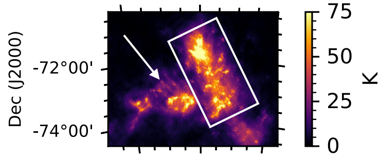 This figure from the study highlights some of the previously unseen small-scale structures in the SMC. The white arrow points to a complex network of discrete linear plumes that are about 0,5 kpc in length and extend towards the LMC. Image Credit: Pingel et al 2021. 