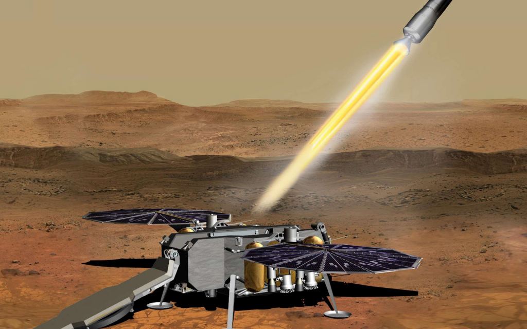 Artist's conception of the MSR mission rocket taking off from the surface of the red planet.
