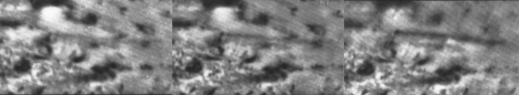 These are three images of a cryovolcanic plume on Triton taken about 45 minutes apart-left to right-by Voyager 2 on August 26th, 1989. They show the geyser-like volcanic plume spewing an 8km (5 mile) tall cloud of fine, dark particles into Triton's thin atmosphere. The cloud can be seen drifting downwind to the right for a distance of roughly 150 kilometres (about 100 miles). Image Credit: NASA/JPL