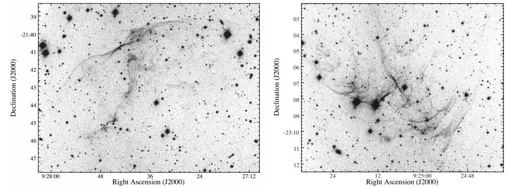 These are H-alpha images of the galactic nebula around YY Hya. On the left is the northeastern portion and on the right is the southwestern portion. Image Credit: Kimeswenger et al 2021. 