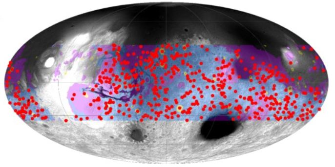 This image from the study shows the locations of all craters larger than 20 km in diameter on Hesperian and Noachian terrain, purple and blue respectively. These 521 craters are all within a +-35 degree equatorial band. Image Credit: Lagain et al. 2022. 