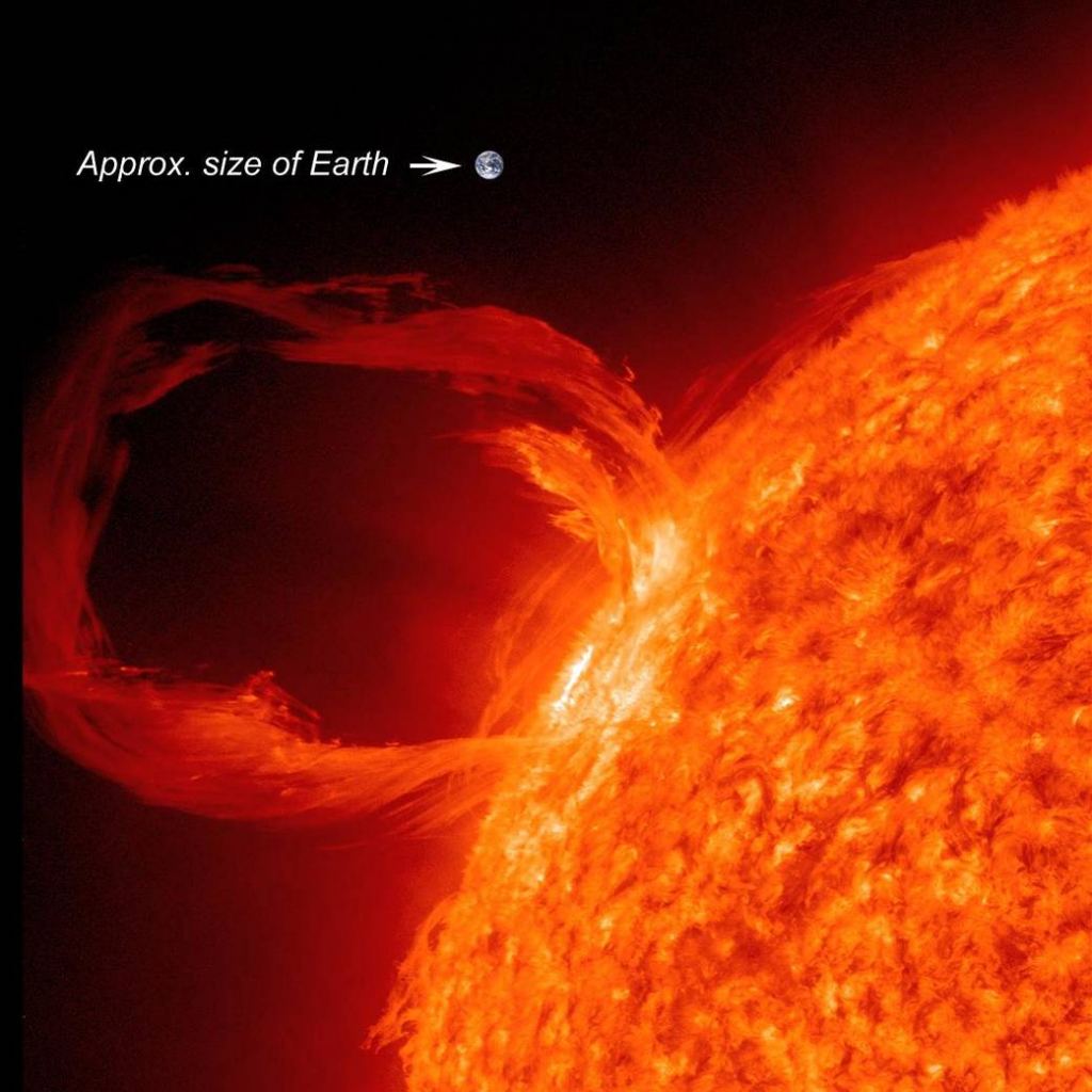 This is a solar eruptive prominence as seen in extreme UV light on March 30, 2010 with Earth superimposed for a sense of scale. Credit: NASA/SDO