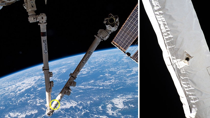 The Canadarm2, the Canadian-made robotic arm used on the International Space Station, suffered “limited” damage after it was hit by space debris in 2021. (NASA/Canadian Space Agency)