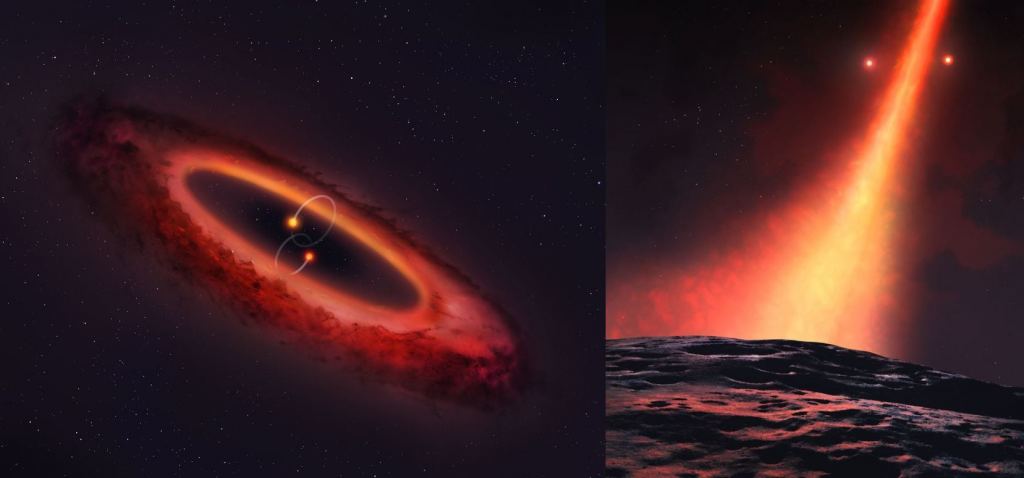 HD 98800 is a quadruple star system with a protoplanetary disk at right angles to the stars. Could planets form in such a system? Image Credits: UNIVERSITY OF WARWICK/MARK GARLICK