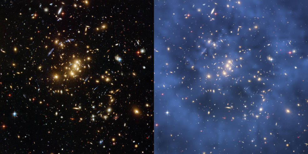 The left image shows galaxy cluster CI 0024+1 from a Hubble image in visible light. The right image shows blue shading representing dark matter according to the gravitational lensing it causes.