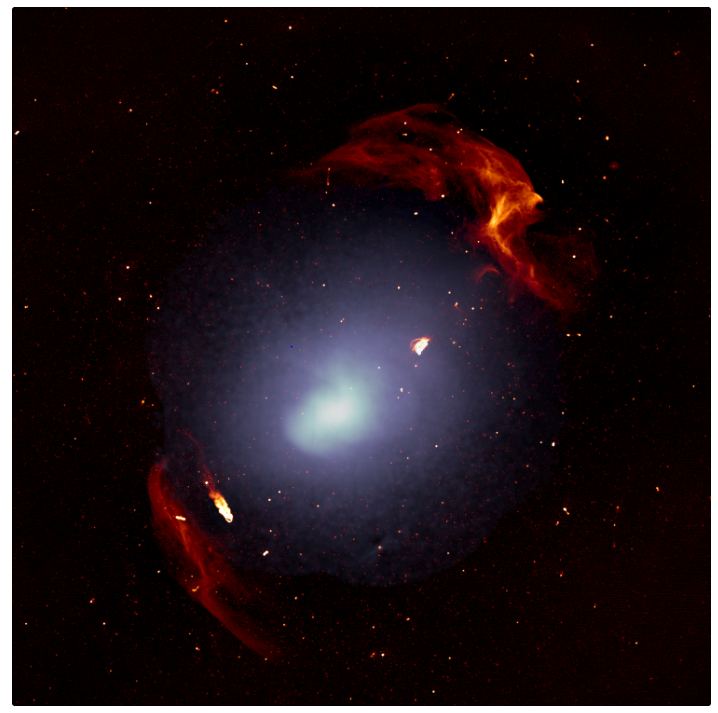 Picture of galaxy cluster Abell 3667, where the white color in the center is a concatenation of 550 distinct galaxies, but the red structures represent the shockwaves formed during the creation of this supercluster.