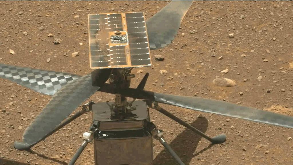 A picture of the Ingenuity helicopter on the surface of Mars, taken by the Perseverance rover. Credit: NASA/JPL/Caltech