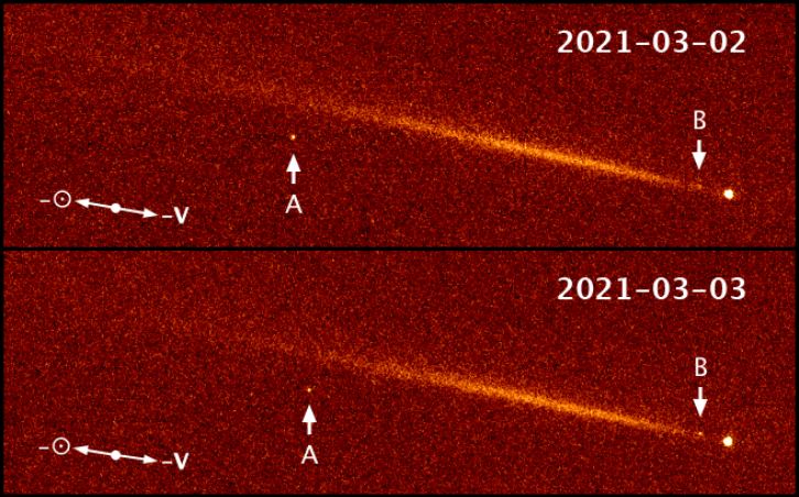 This Hubble Wide-Field Camera 3 image shows two 20m diameter fragments coming from Comet 323P/SOHO, marked A and B. Image Credit: Hui et al. 2022.