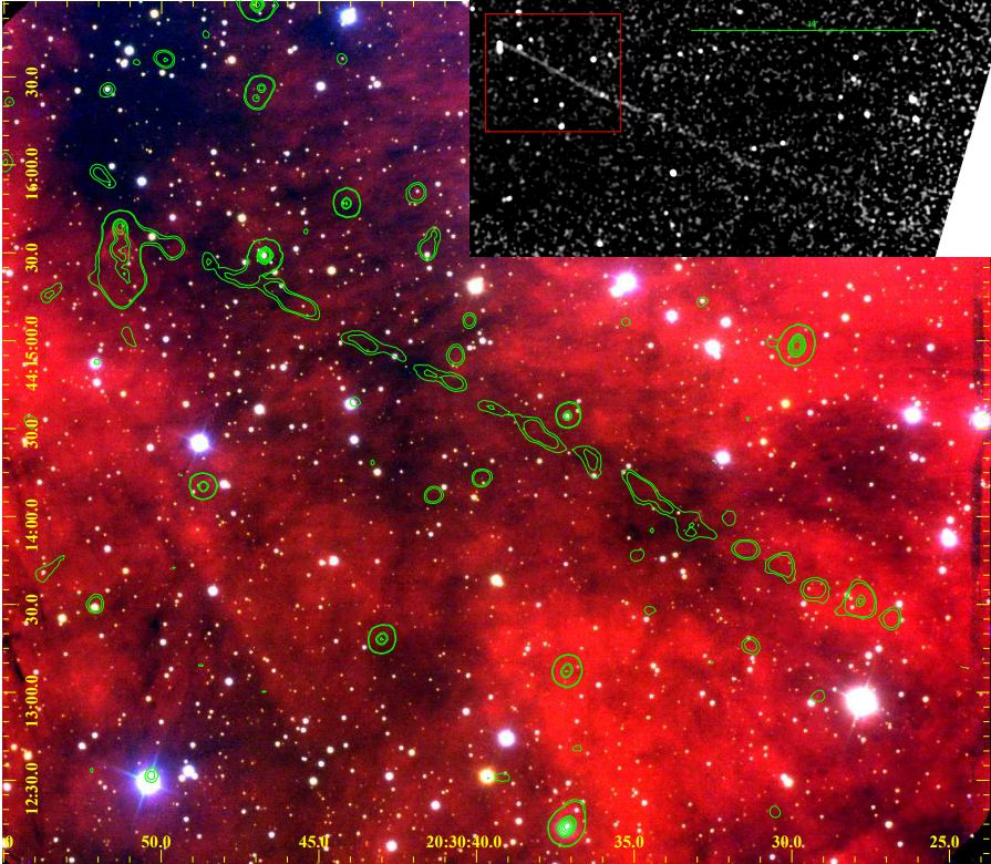 This image from the study shows PSR J2030+4415 as seen by two instruments. The red, green, and blue are H-alpha spectral emissions as imaged with the Gemini Multi-Object Spectrograph on the Gemini Telescope North. The smoothed green contours show x-ray emissions observed with the Advanced CCD Imaging Spectrometer on the Chandra X-ray Observatory. Some of the x-ray emissions are from field stars and background sources, but the pulsar wind nebula and the filament are clearly visible. Image Credit: De Vries and Romani 2022.
