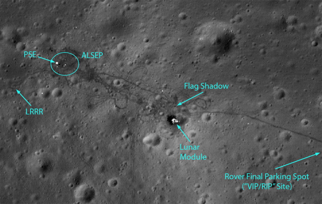 The Lunar Reconnaissance Orbiter captured images of the Apollo 15 landing site, including some of the debris left behind. Hopefully, it'll have no problem finding the space junk impact site from March 2022. PSE is the Passive Seismometer Experiment. LRRR is the Lunar Ranging Retroreflector. They were both parts of the Apollo Lunar Surface Experiments Package (ALSEP.) Image Credit: NASA/ASU/LRO 