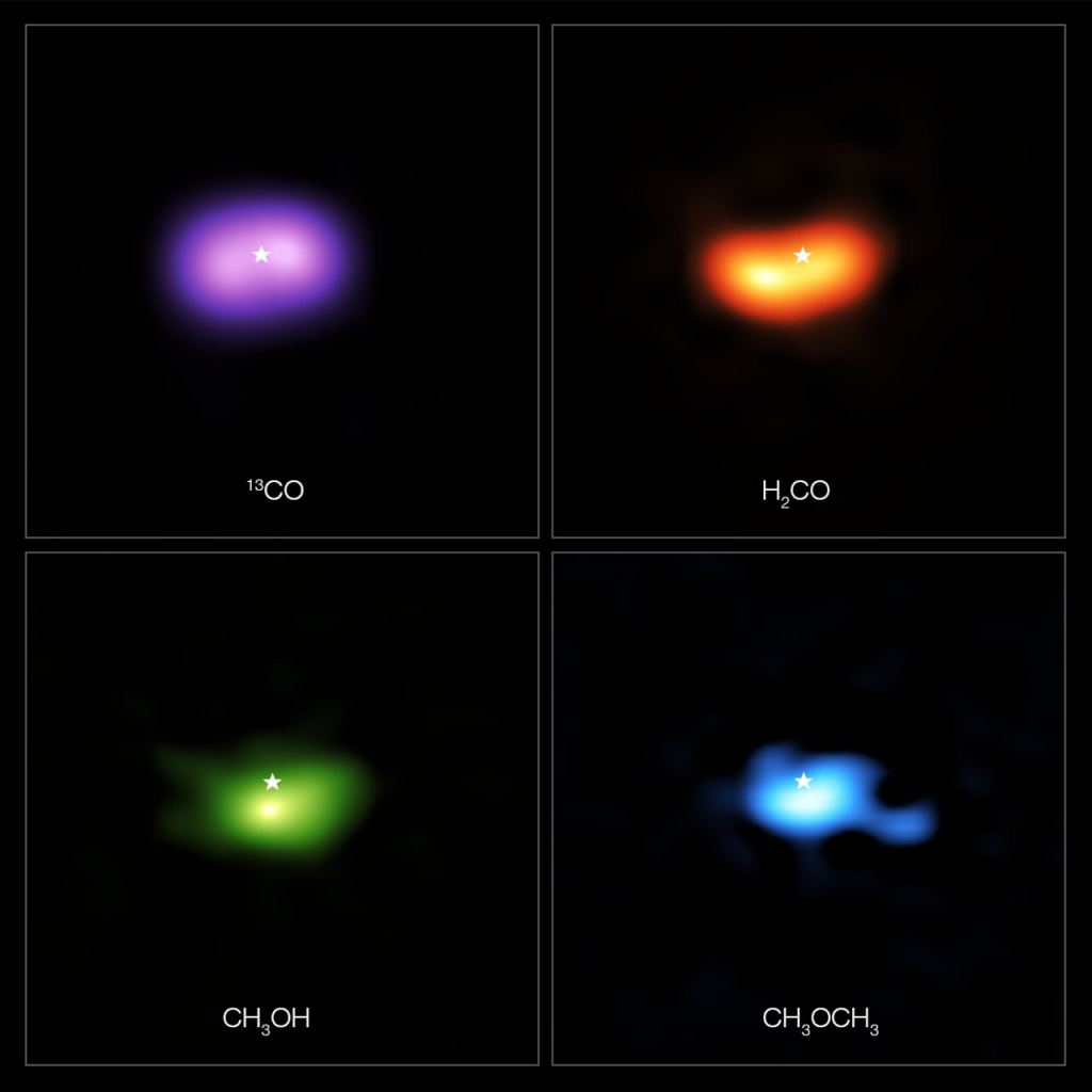 These images from the Atacama Large Millimeter/submillimeter Array (ALMA) show where various gas molecules were found in the disc around the IRS 48 star, also known as Oph-IRS 48. The disc contains a cashew-nut-shaped region in its southern part, which traps millimetre-sized dust grains that can come together and grow into kilometre-sized objects like comets, asteroids and potentially even planets. Recent observations spotted several complex organic molecules in this region, including formaldehyde (H2CO; orange), methanol (CH3OH; green) and dimethyl ether (CH3OCH3; blue), the last being the largest molecule found in a planet-forming disc to date. Image Credit: ALMA (ESO/NAOJ/NRAO)/A. Pohl, van der Marel et al., Brunken et al.
