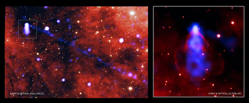 This image from NASA's Chandra X-ray Observatory and ground-based optical telescopes shows an extremely long beam, or filament, of matter and antimatter extending from a relatively tiny pulsar named PSR J2030+4415. The image on the left shows a portion of the filament as particles flow along magnetic lines of the interstellar magnetic field. The image on the right shows X-rays created by particles flying around the pulsar itself. Image Credit: X-ray: NASA/CXC/Stanford Univ./M. de Vries; Optical: NSF/AURA/Gemini Consortium.