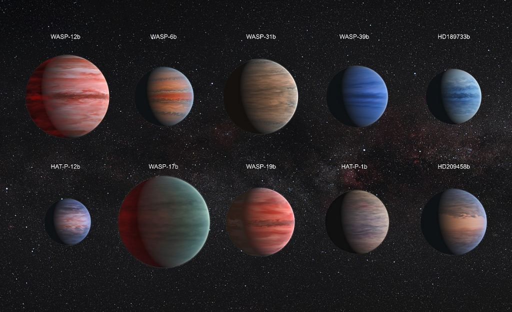 Esta imagen muestra la impresión de un artista de 10 exoplanetas calientes de Júpiter estudiados con los telescopios espaciales Hubble y Spitzer.  Los astrónomos creen que alrededor del 10% de los exoplanetas son exoplanetas calientes, pero se detectan más fácilmente.  (Los colores son solo para ilustración). Crédito de la imagen: por ESA/Hubble, CC BY 4.0, https://commons.wikimedia.org/w/index.php?curid=45642004