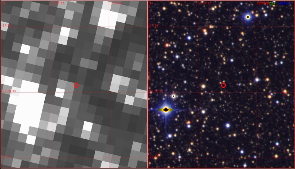 The image on the left is a Kepler image with K2-2016-BLG-0005Lb shown in a red circle. The image on the right is a Canada-France Hawaii Telescope image of the same region, also with the exoplanet in a red circle. The exoplanet, K2-2016-BLG-0005Lb, is almost identical to Jupiter in terms of its mass and its distance from its star. Astronomers discovered it using data obtained in 2016 by NASA's Kepler space telescope. The exoplanetary system is twice as distant as any seen previously by Kepler, which found over 2,700 confirmed planets before ceasing operations in 2018. Image Credit: Specht et al. 2022.