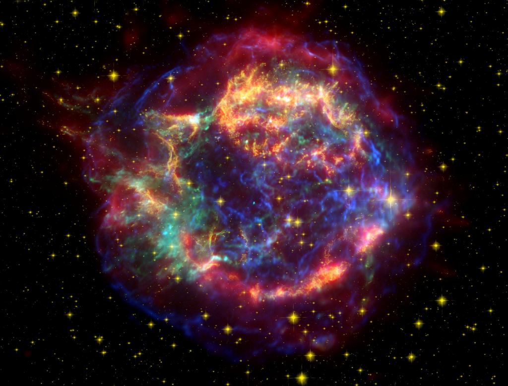 This coloured image of Cassiopeia A based on data from the space telescopes Hubble, Spitzer and Chandra. You don't need to be an astronomer to see that there's a lot going on in this complex object. Image Credit: NASA/JPL-Caltech [via Wikimedia]