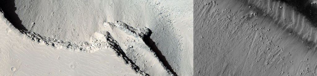 Cerberus Fossae was the source of a large volcanic eruption that draped Athabasca Valles in lava. The image on the left is a HiRISE image of part of CF. The image on the right shows a boulder that left a track as it rolled down the slope in Cerberus Fossae. Image Credit: NASA/JPL-Caltech/UArizona