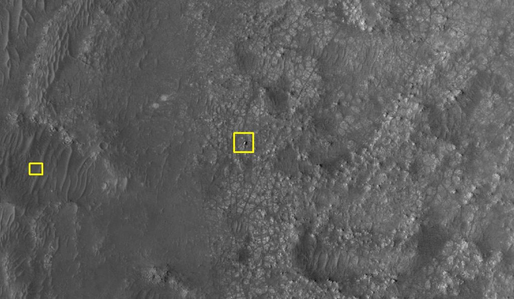 The larger yellow square shows Perseverance's location and the smaller yellow square is where Ingenuity is sitting. Image Credit: NASA/JPL-Caltech/UArizona. 