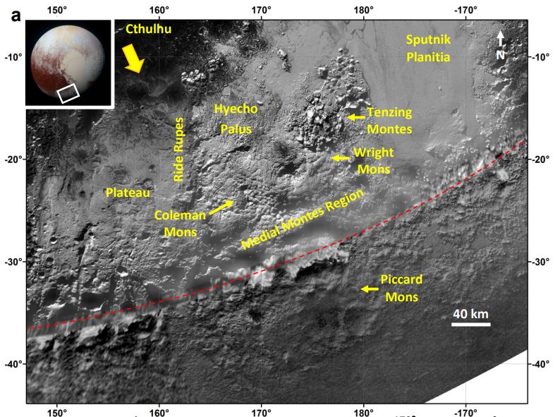 This image from the study shows some of the features with labels. The dotted red line is the boundary between sun-lit terrain and haze-lit terrain. Image Credit: Singer et al. 2022.
