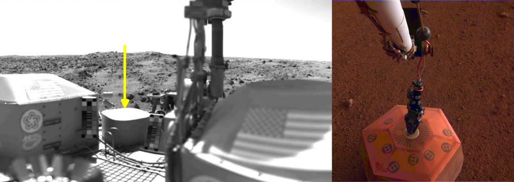 Viking's seismometer (left) sat on the lander deck and was exposed to wind, degrading its data. InSight's sesimometer is deployed on Mars' surface under a protective wind shield. Image Credits: (l) NASA; (r) NASA/DLR.