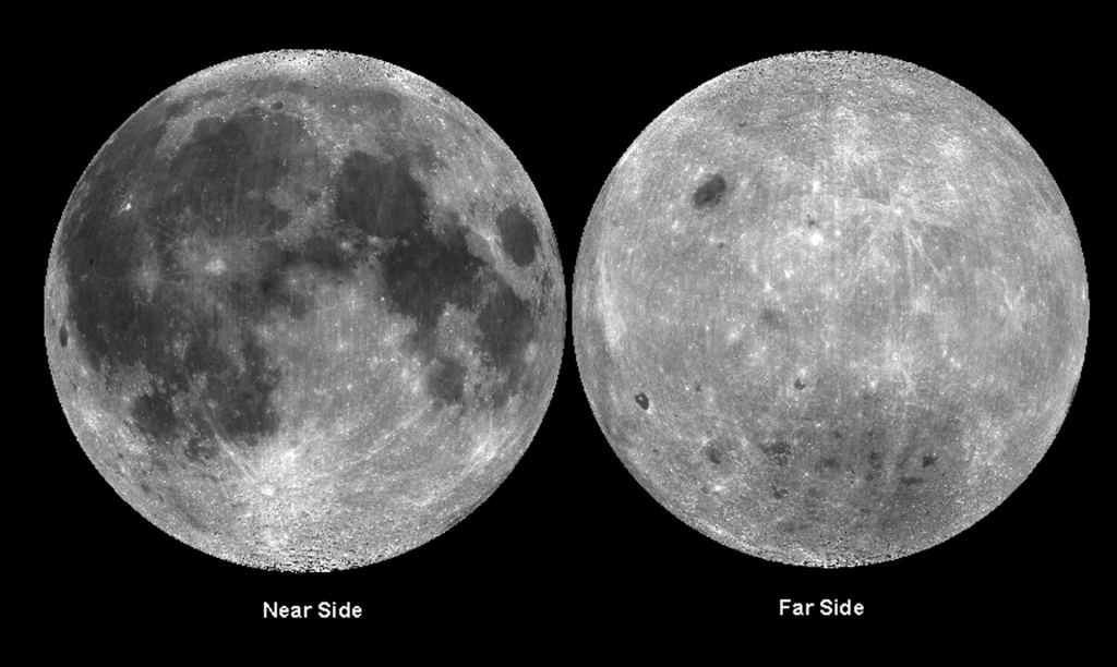 This global map of the Moon, as seen from the Clementine mission, shows the differences between the lunar near side and far side. The familiar near side is marked by dark lunar mares. The far side has very few of them. This is known as the lunar dichotomy. Credit: NASA.