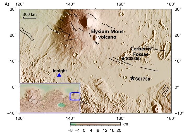 This figure from the study shows the InSight lander with a blue triangle, and the Elysium Mons volcano and Cerberus Fossae fault region. The two black stars mark the epicentres of two particularly important marsquakes with clear onsets and polarities. Image Credit: Sun and Tkal?i? 2022.