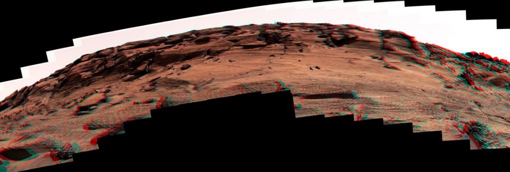 A 3D anaglyph (red/blue viewing) of the cliffs where Mars Curiosity is traveling. Courtesy NASA/JPL/Mars Curiosity team.