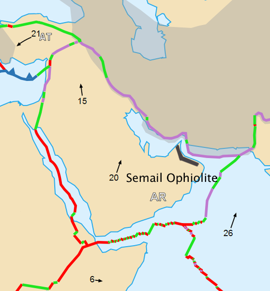 This image shows the location of the Semail Ophiolite on the eastern corner of the Arabian Peninsula. Image Credit: By Sadeghm2010 at English Wikipedia, CC BY-SA 3.0, https://commons.wikimedia.org/w/index.php?curid=54524205
