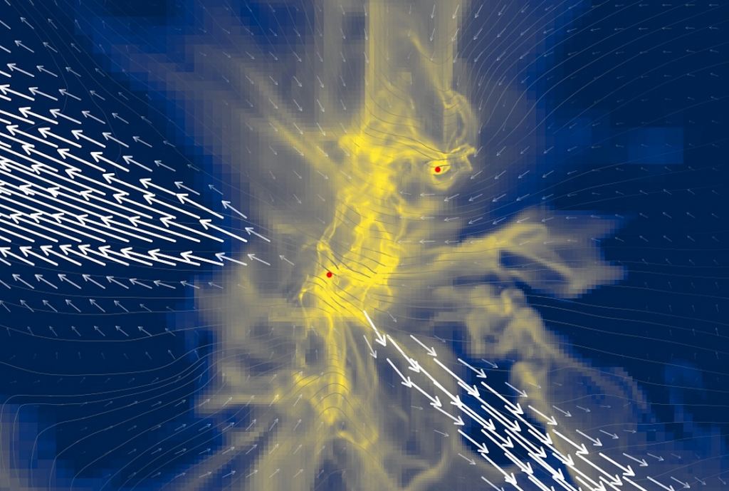 This image is a screenshot of an MHD simulation of a binary protostar.  The pair is connected to a bridge of gas (yellow), the white lines indicate an intermittent outflow of material.  These powerful eruptions form and disrupt protoplanetary disks.  Image credit: Jørgensen, Kuruwita et al.  2022.