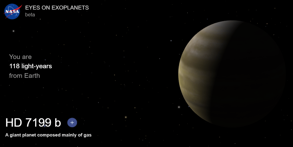This screenshot from NASA's Eyes on Exoplanets shows an illustration of HD 7199 b. According to this study, HD 7199 b has a 64% probability of hosting a habitable exomoon. Image Credit: NASA