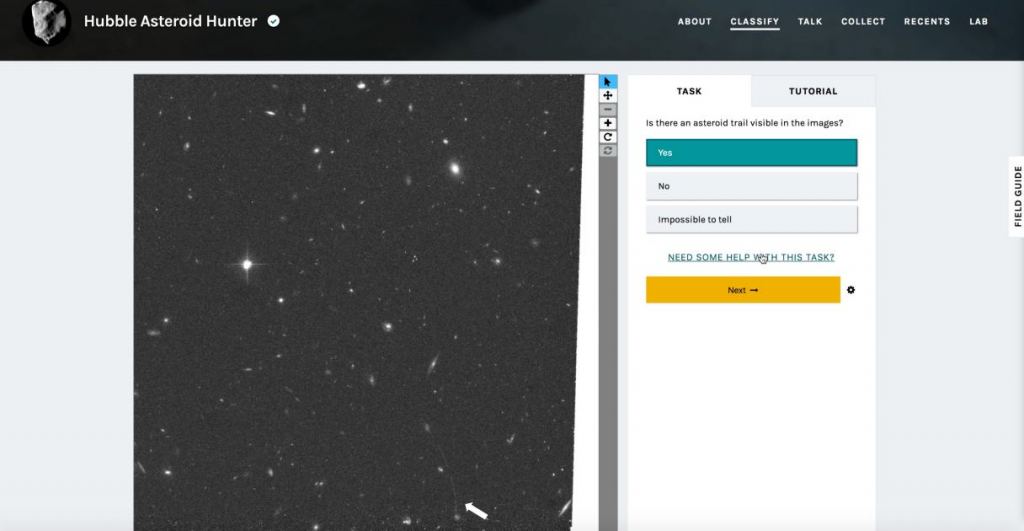 This image shows the Hubble Asteroid Hunter interface as used on Zooniverse. Citizen Scientists were asked to mark the beginning and end of asteroid trails in Hubble images. Image Credit: Zooniverse/Hubble Asteroid Hunter.