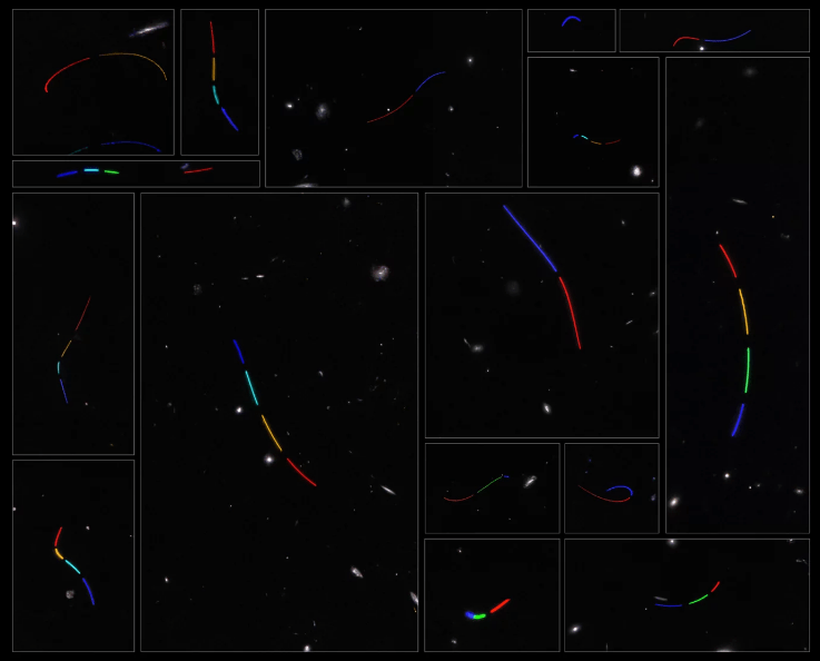 This mosaic consists of 16 different data sets from the NASA/ESA Hubble Space Telescope that were studied as part of the Asteroid Hunter citizen science project.  Each of these datasets was colour-assigned based on the time sequence of exposures, whereby the blue tones represent the first exposure that the asteroid was captured in and the red tones represent the last.  Image Credit: ESA/Hubble & NASA, S. Kruk (ESA/ESTEC), Hubble Asteroid Hunter citizen science team, M. Zamani (ESA/Hubble)