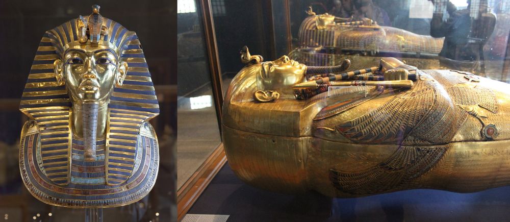 The ancients treasured gold, but they couldn't have guessed at its origins. King Tut's mask (l) and his inner coffin. The inner coffin is solid gold and weighs almost 243 pounds. Image Credits: Mask: By Roland Unger - Own work, CC BY-SA 3.0, https://commons.wikimedia.org/w/index.php?curid=48168958. Inner Coffin: Egyptian Museum, Cairo. 
