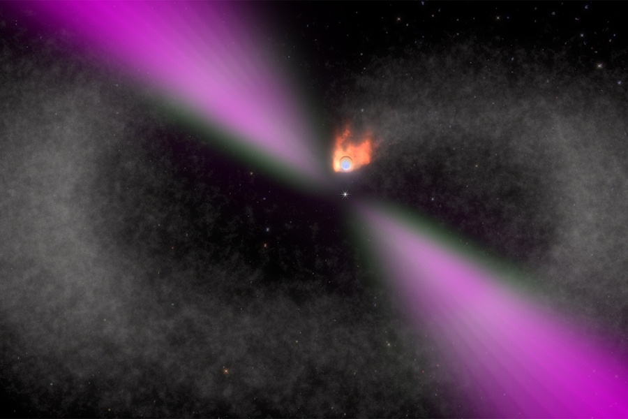 Caption:An illustrated view of a black widow pulsar and its stellar companion. The pulsar’s gamma-ray emissions (magenta) strongly heat the facing side of the star (orange). The pulsar is gradually evaporating its partner.
Credits:Credit: NASA's Goddard Space Flight Center/Cruz deWilde