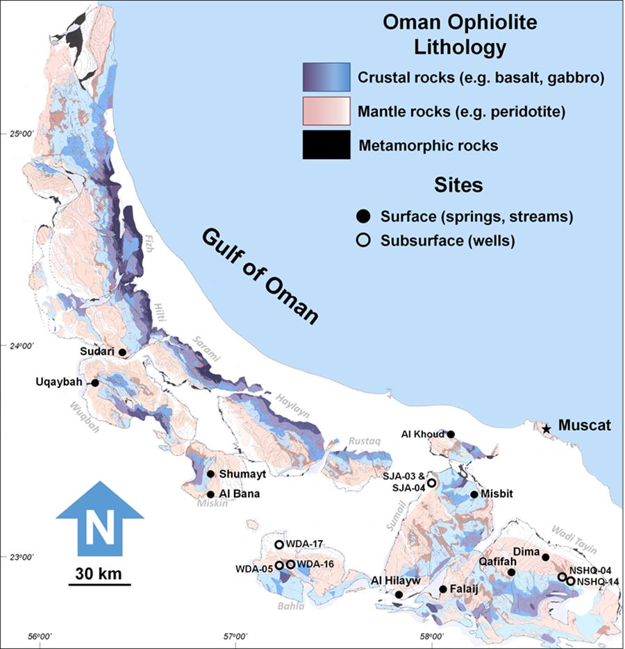 This diagram from the study shows the lithology of the Oman Ophiolite. Study sites are marked with SJA-03, WDA-17, etc. Image Credit: Howells et al 2022.