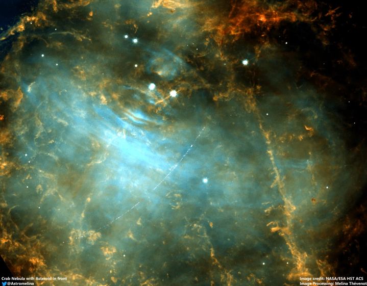 In this Hubble observation taken on 5 December, 2005 the Main Belt asteroid 2001 SE101 passes in front of the Crab Nebula.  Image Credit: NASA/ESA HST, Image processing: Melina Thévenot.