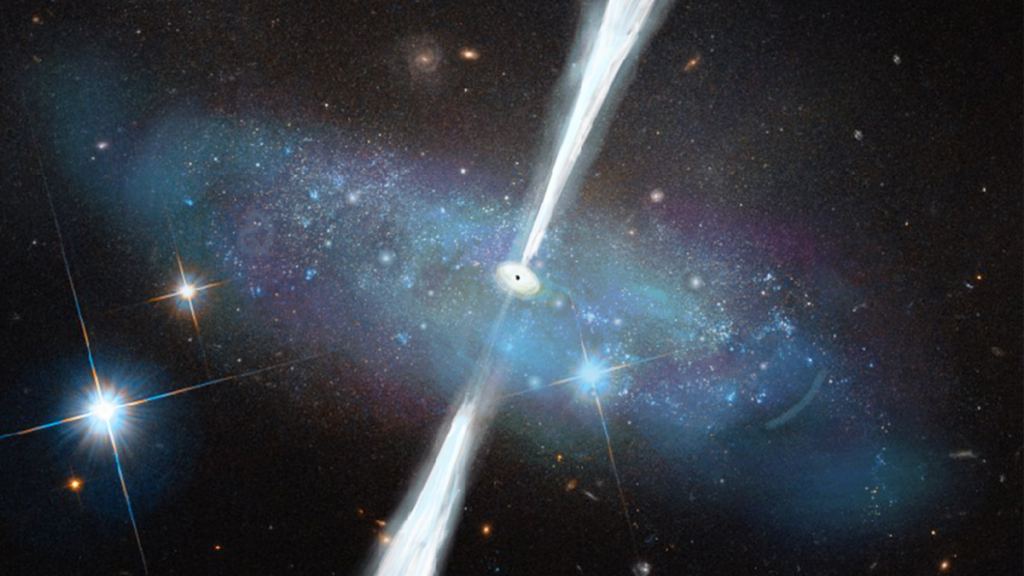 Los agujeros negros masivos recién descubiertos se encuentran en las galaxias enanas, donde su radiación rivaliza con la luz y la abundancia de las estrellas jóvenes.  (Imagen original de NASA y ESA/Hubble, representación artística de un agujero negro azabache por M. Polymera).