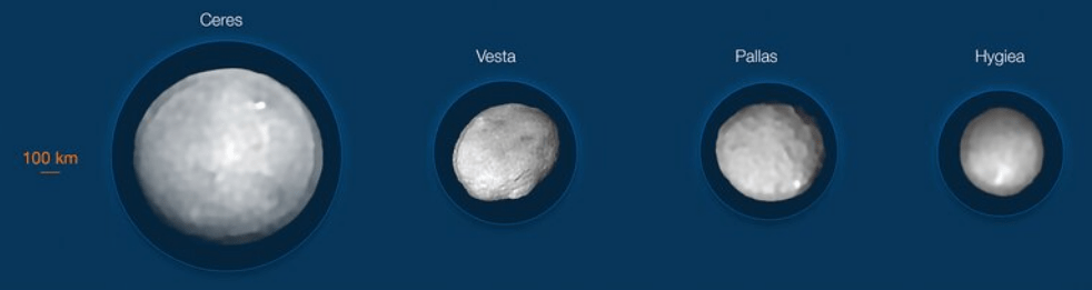 These are the four largest objects in the asteroid belt. Ceres is the only one massive enough for self-gravity to maintain a spheroid shape. Image Credit: ESO/M. Kornmesser/Vernazza et al./MISTRAL algorithm (ONERA/CNRS)