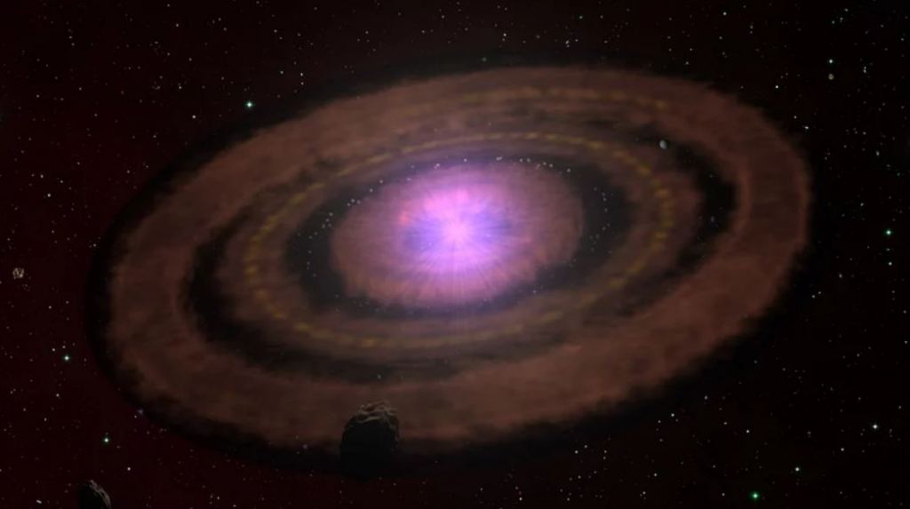 Diese künstlerische Impression verdeutlicht, wie planetenbildende Scheiben um junge Sterne oft aussehen.  Sie bestehen zunächst aus Staub und Gas, die zu Ringen aus dichtem Material konfiguriert sind.  Mit der Zeit wachsen die festen Bestandteile zu Kieselsteinen, die sich schließlich zu Planeten entwickeln können.  Da die in dieser Studie verwendeten ALMA-Beobachtungen nur für millimetergroße Staubkörner empfindlich sind, erzeugen evolvierte Scheiben mit größeren Objekten oder sogar Planeten ein relativ schwaches Signal von dem Restmaterial.  Die neuen Ergebnisse deuten darauf hin, dass sich solche Scheiben ohne externe Bestrahlung ähnlich entwickeln.  Nach etwa einer Million Jahren haben die meisten von ihnen nicht mehr genug Masse, um große Planeten wie Jupiter zu produzieren.  Möglicherweise haben sich dort aber bereits solche Planeten gebildet.  Bildquelle: Graphische Abteilung des MPIA