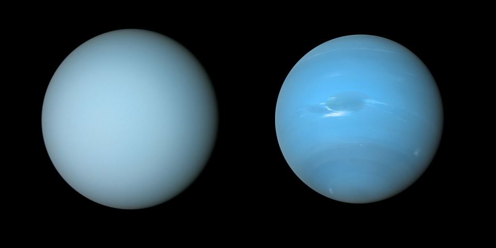 NASA’s Voyager 2 spacecraft captured these views of Uranus and Neptune (l, r, respectively) during its flybys of the planets in the 1980s.
