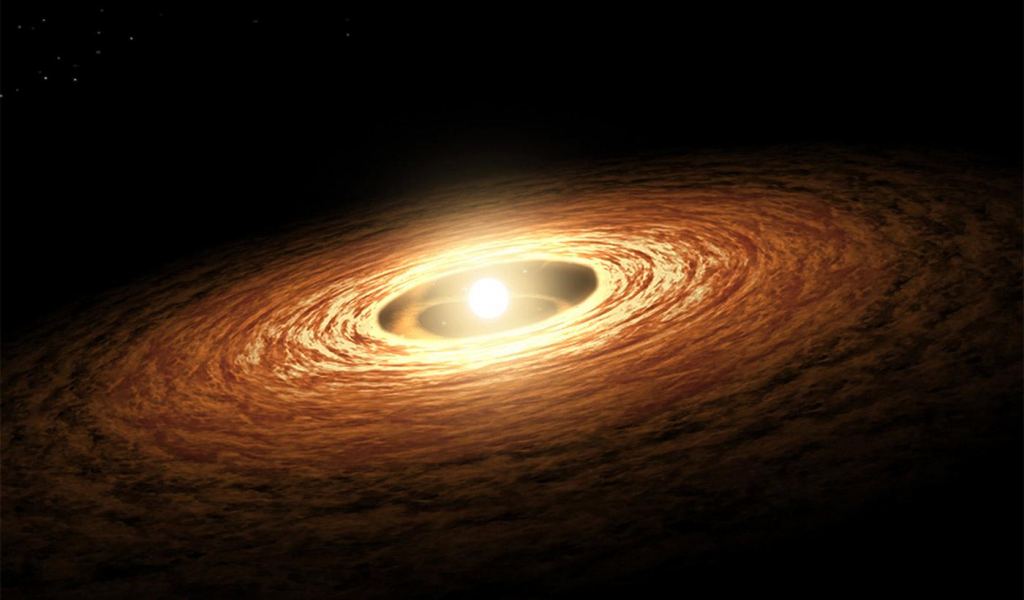 Künstlerische Illustration eines jungen, sonnenähnlichen Sterns, der von seiner Scheibe aus Gas und Staub umgeben ist.  Bildnachweis: NASA/JPL-Caltech/T.  Pyle